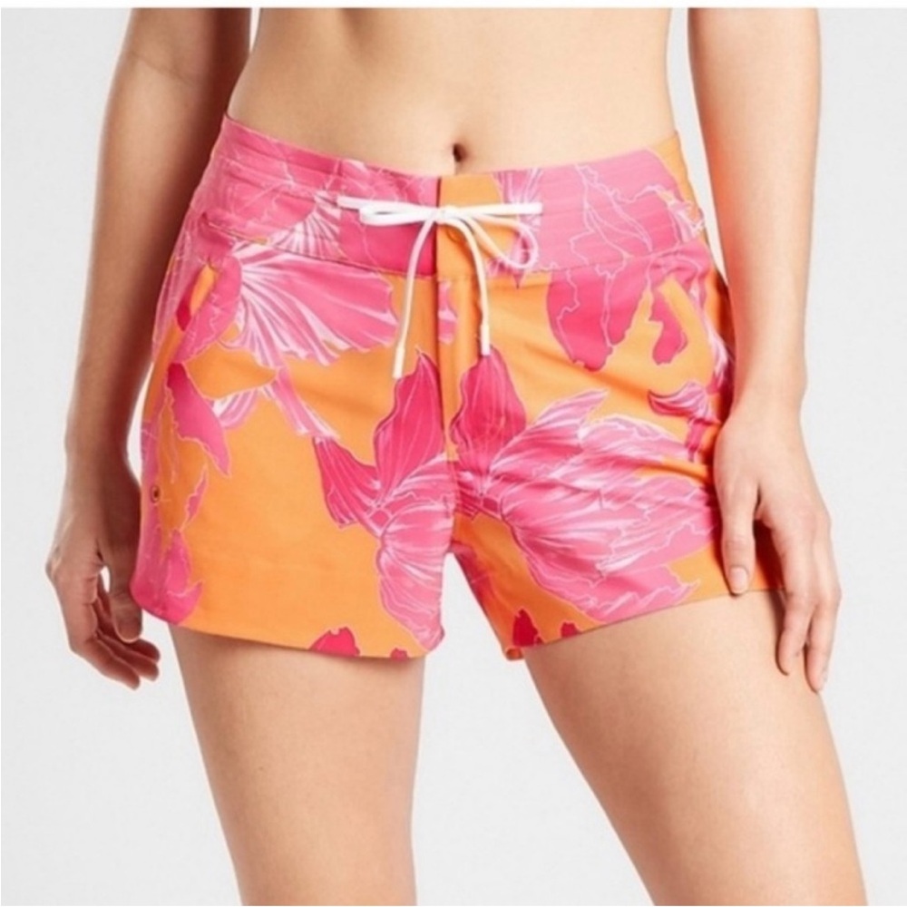 Athleta Printed Hudson Boardshort, Size  6 Floral Orange and Pink Hibiscus